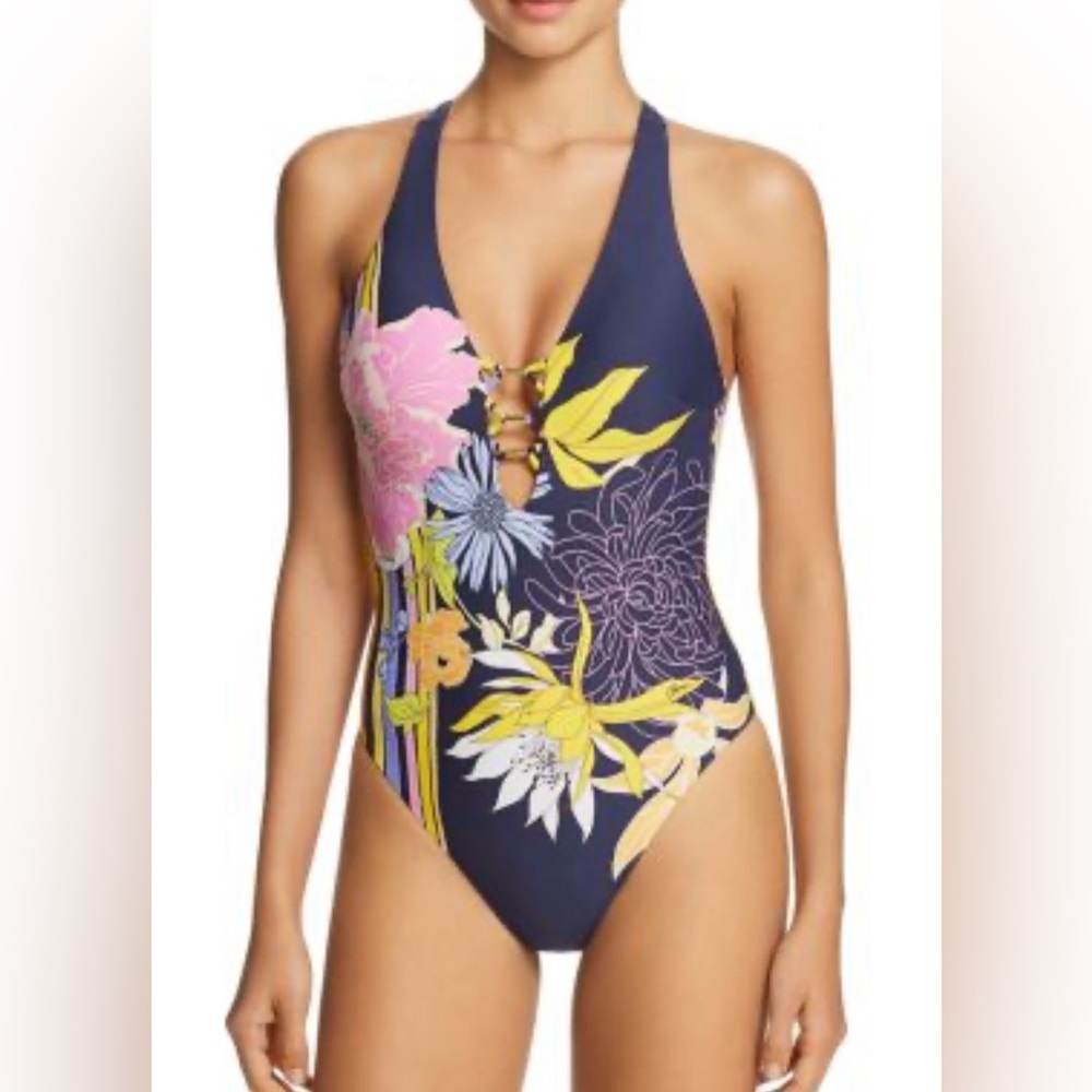 Navy Floral One-Piece Swimsuit with Plunge V-Neck
